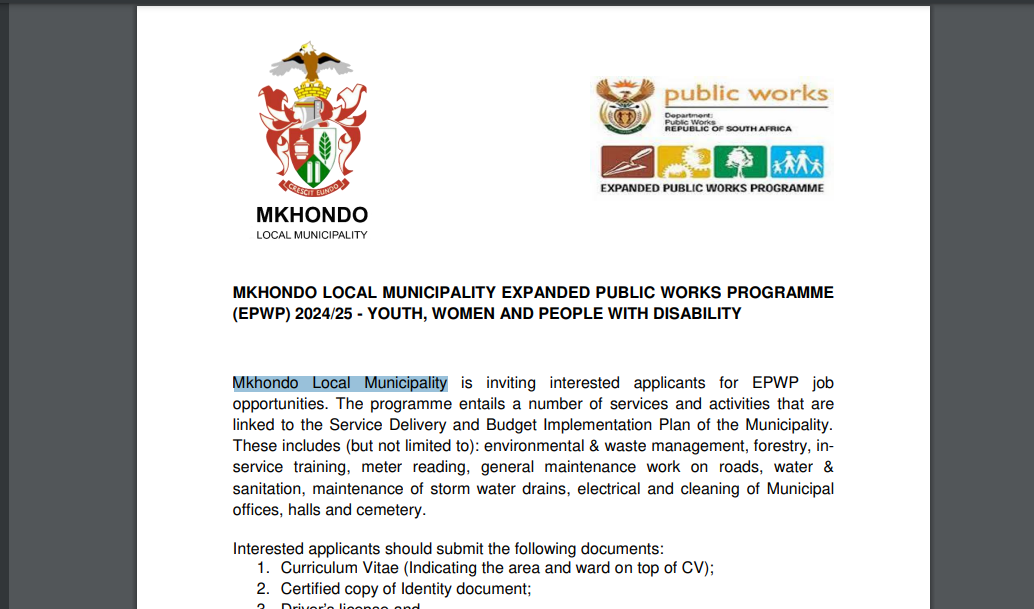 EPWP Open positions at Mkhondo Neighborhood District.